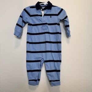 Polo Ralph Lauren Baby Boy Rugby Style One piece Blue White Stripes Logo Size 9m